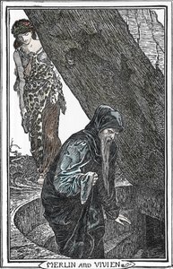 Znázornění kouzelníka Merlina a Fee Viviane (Merlin anc Vivien) Ilustrace Henry Justice (HJ) Ford (1860-1941) z „Knihy romantiky““ 1902 Collection privee od Henry Justice Ford