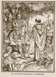 Svatý Augustin káže Ethelbertovi, ilustrace z „Historie Anglie“ od C.R.L. Fletcher a Rudyard Kipling od Henry Justice Ford
