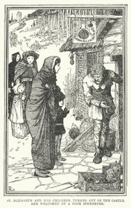 Svatá Alžběta a její děti, vyvrácené z hradu, jsou přivítány chudým hostinským (litho) od Henry Justice Ford