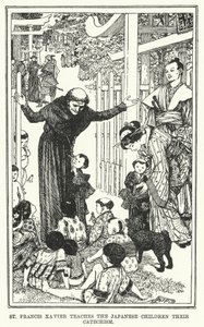 Svatý František Xaverský učí japonské děti jejich katechismus (litho) od Henry Justice Ford