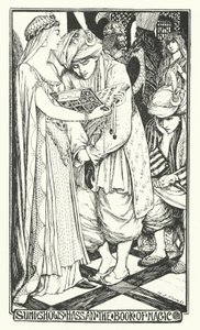 Sumi ukazuje Hassanovi knihu kouzel (rytina) od Henry Justice Ford
