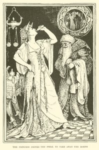 Princezna pije lahvičku, aby vzala rohy (rytina) od Henry Justice Ford