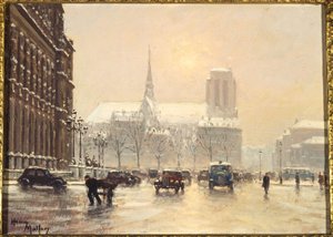 Notre-Dame za zasněženého dne z náměstí Place de l