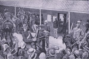 Koloniální posily pro Jižní Afriku: Nával žadatelů o zápis v Sydney, z After Pretoria: The Guerilla War vydané Harmsworth Brothers Limited, 1901 od Henry Marriott Paget