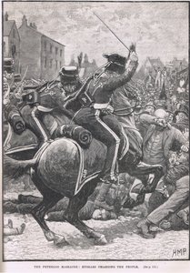 Masakr v Peterloo s husary útočícími na lid, ilustrace z Cassellových „Ilustrovaných dějin Anglie“, publikovaných kolem roku 1910 od Henry Marriott Paget