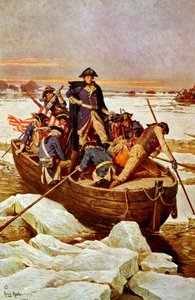 George Washington Crossing the Delaware River“, 25. prosince 1776. Incident v revoluční válce 1775-1783 (americká válka za nezávislost), kdy byl George Washington (1732-1799) vrchním velitelem americké armády. Ilustrace c1912.