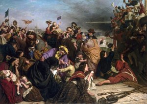 Loučení přistěhovalců v přístavu na Temži (Anglie), popis skupinek lidí všech věkových kategorií a společenských vrstev a námořníků v červených a modrých košilích na lodi, kteří mávají davu. od Henry Nelson O