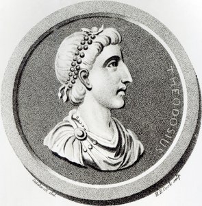 Portrét Theodosia, z „Dějiny úpadku a pádu Římské říše“, svazek 9, strana 139, Edward Gibbon, 1808