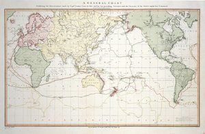 Generální mapa zobrazující objevy, které učinil kapitán James Cook během této a dvou předchozích plaveb, s vyznačením tras lodí pod jeho velením. Poručík Roberts z námořnictva Jeho Veličenstva