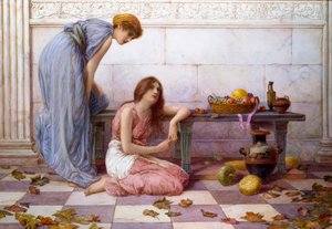 "Květiny a ovoce" Zahalené ženy s melancholickým výrazem na nádvoří starobylé vily. Obraz Henryho Rylanda (1856-1924)