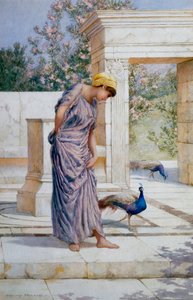 "Léto je tady" Mladá žena s pávem na starožitné mramorové terase. Obraz Henryho Rylanda (1856-1924) (klasicismus)