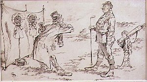 Rušení golfisty prodavačem, ilustrace do časopisu Graphic, hospoda. c, 1870 od Henry Sandercock