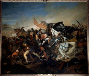 Pohled na bitvu u Kasselu 23.8.1328, vítězství Filipa VI. z Valois nad vlámskou armádou Obraz Henry Scheffer (1798-1862) 1837 Ne. 4,65x5,43 m versailles, muzeum zámku