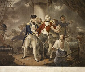 Kapitán Trollope v Glatton of 54 Carronades Angažmá francouzské eskadry 8 válečných lodí nesoucích 230 děl, vyryto Jamesem Daniellem, 1797 (mezzotinta) od Henry Singleton
