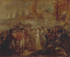 Kapitulace dvou synů Tipu Sahiba, mysorského sultána, siru Davidu Bairdovi od Henry Singleton