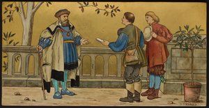 The Justice, deska zobrazující ilustrace ze Shakespeares Seven Ages, Minton ware, Staffordshire, 1874 (smaltované hliněné nádobí)