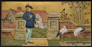 The Lover, plaketa zobrazující ilustrace ze Shakespeares Seven Ages, Minton ware, Staffordshire, 1874 (smaltovaná kamenina)