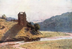 Hrad Neidpah, Peeblesshire (barevná litografie)