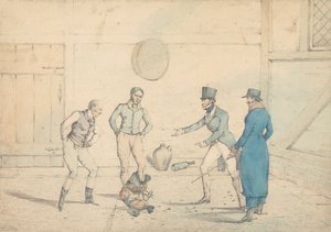 Kohoutí zápas sledovaný čtyřmi muži ve vedlejší budově: Zápas, vyrytý jako tabule 39 v "The National Sports of Great Britain"