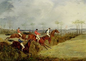 Steeplechase, přebírání živého plotu a příkopu od Henry Thomas Alken