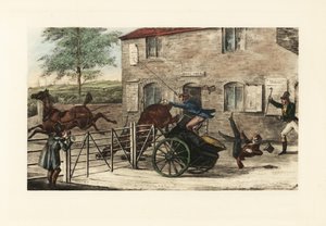 Angličtí gentlemani na dvoukoňském vystoupení se snaží přeskočit mýtnou bránu. od Henry Thomas Alken