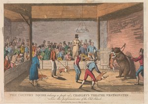 Venkovský statkář nahlížející do Charleyho divadla ve Westminsteru od Henry Thomas Alken