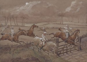 The Last Field near Nacton Heath, plate 3, from The First Steeple Chase on Record, ryl J. Harris, tisklo Ackermann, Londýn v roce 1839 (barevná akvatinta) od Henry Thomas Alken