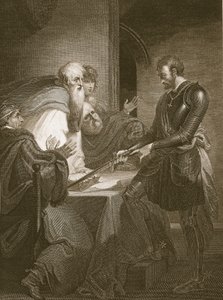 Hrabě Warenne zdůvodňuje vlastnictví svých statků, vyryl J. Fittler, ilustrace z knihy Davida Huma "The History of England", vydal R. Bowyer, Londýn, 1812. od Henry Tresham