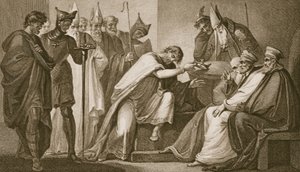 Edward II rezignující na svou korunu, rytý Schiavonelli, ilustrace z Davida Huma 
