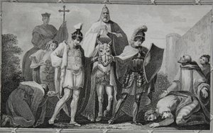 Jindřich a Lewis provázejí papeže na hrad Torci, rytina Saunderse, ilustrace z knihy Davida Huma "The History of England", vyd. R. Bowyer, Londýn, 1812. od Henry Tresham