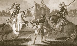 Richard II. pozastavuje souboj mezi Herefordem a Norfolkem, ilustrace z hospody Davida Humea 