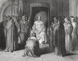 Král Richard II. pasoval krále Connaught, Ulster, Thomond a Leinster na rytíře v roce 1394, „Historie Irska“ od Thomase Wrighta, vydaná kolem roku 1854