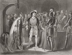 Lord Thomas Fitzgerald se v roce 1534 vzdává své věrnosti Jindřichu VIII., z „Dějiny Irska“ od Thomase Wrighta, vydané kolem roku 1854