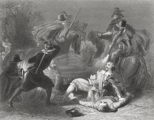Vražda lorda Kilwardena rebely Roberta Emmeta v Dublinu, Irsko, 1803, z „Dějiny Irska“ od Thomase Wrighta, publikované kolem roku 1854
