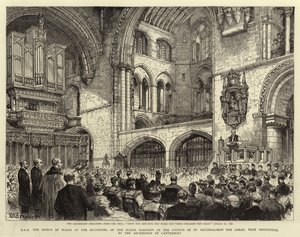 H R H princ z Walesu při znovuotevření severní příčné lodi kostela svatého Bartoloměje Velikého, West Smithfield, arcibiskupem z Canterbury od Henry William Brewer