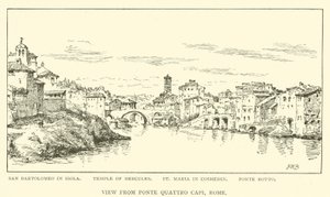 Pohled z Ponte Quattro Capi, Řím (rytina) od Henry William Brewer