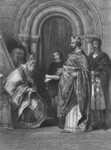 Anglický král Jindřich II. při předávání papežské buly z roku 1155, která mu umožnila vtrhnout do Irska a vládnout mu.