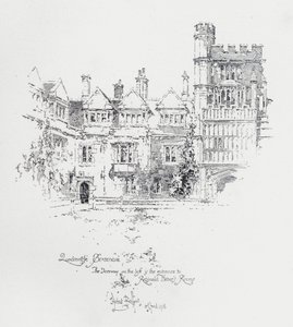 Brasenose College, Oxford, ukazující vchod do pokojů anglického duchovního a spisovatele Reginalda Hebera (litho) od Herbert (after) Railton