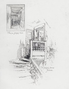 Pokoj a schodiště anglického spisovatele Samuela Johnsona, Pembroke College, Oxford (litho) od Herbert (after) Railton