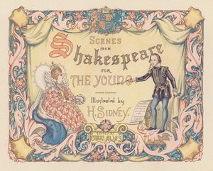 Ilustrace na titulní straně knihy Scény ze Shakespeara pro mládež (barevná litografie)