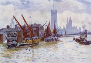 Hay Barges ležící u Horseferry ve Westminsteru (barva lito)