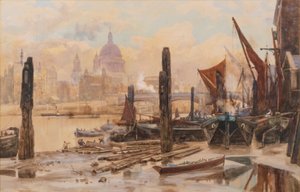 Zakotvené bárky na Temži; v dálce most St Pauls a Blackfriars Bridge od Herbert Menzies Marshall