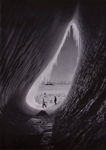 Jeskyně v ledovci; Terra Nova v dálce (černobílá fotografie) od Herbert Ponting