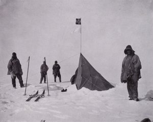 "Byla to černá vlajka, norská vlajka. Amundsen byl první na tyči" (černobílá fotografie) od Herbert Ponting