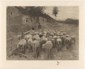 Pastýř a žena se stádem ovcí od Herman Johannes van der Weele (signed by artist)