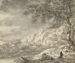 Horská krajina s turistou (křída a inkoust na papíře) od Herman Nauwincz