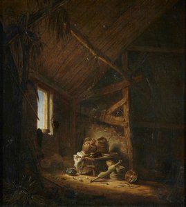 Interiér stodoly se světlem pronikajícím oknem od Herman Saftleven