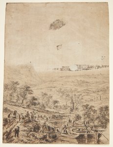 Panoramatická krajina s farmáři, rybáři a vesnickým kostelem od Herman Saftleven