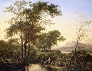 Rozsáhlá italská říční krajina s cestovateli u bazénu, 1646