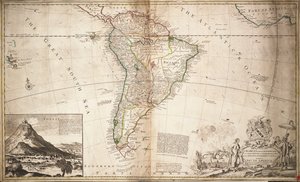 Mapa Jižní Ameriky, asi 1715 (kolorovaná rytina)